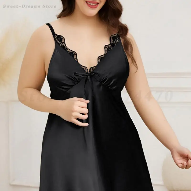 Plus Size 5XL Female Nightgown Sleepwear Sexy Black Tassels Spaghetti Strap Nightdress Nightwear Loose Silk Satin Home Dress
