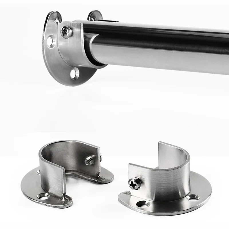Flange Connector Wardrobe Bracket 304 Stainless Steel Flange Seat Wardrobe Hanger Rod Fixing Curtain Rod Tube Hook Fixed Support