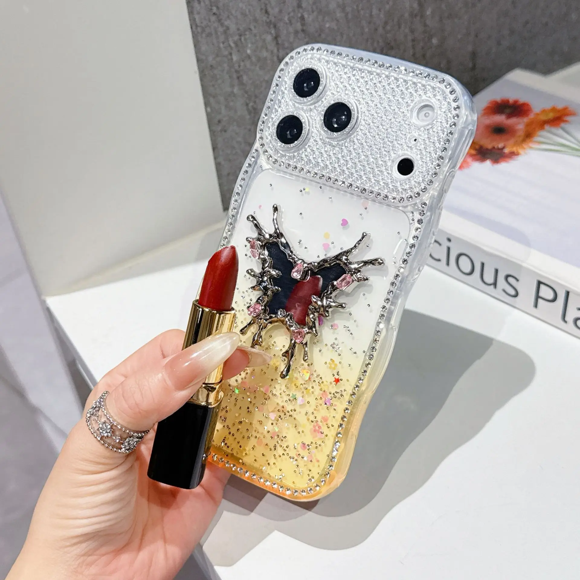 Butterfly Makeup Mirror Sparkling Diamond Case with Bracelet and Mirror Film