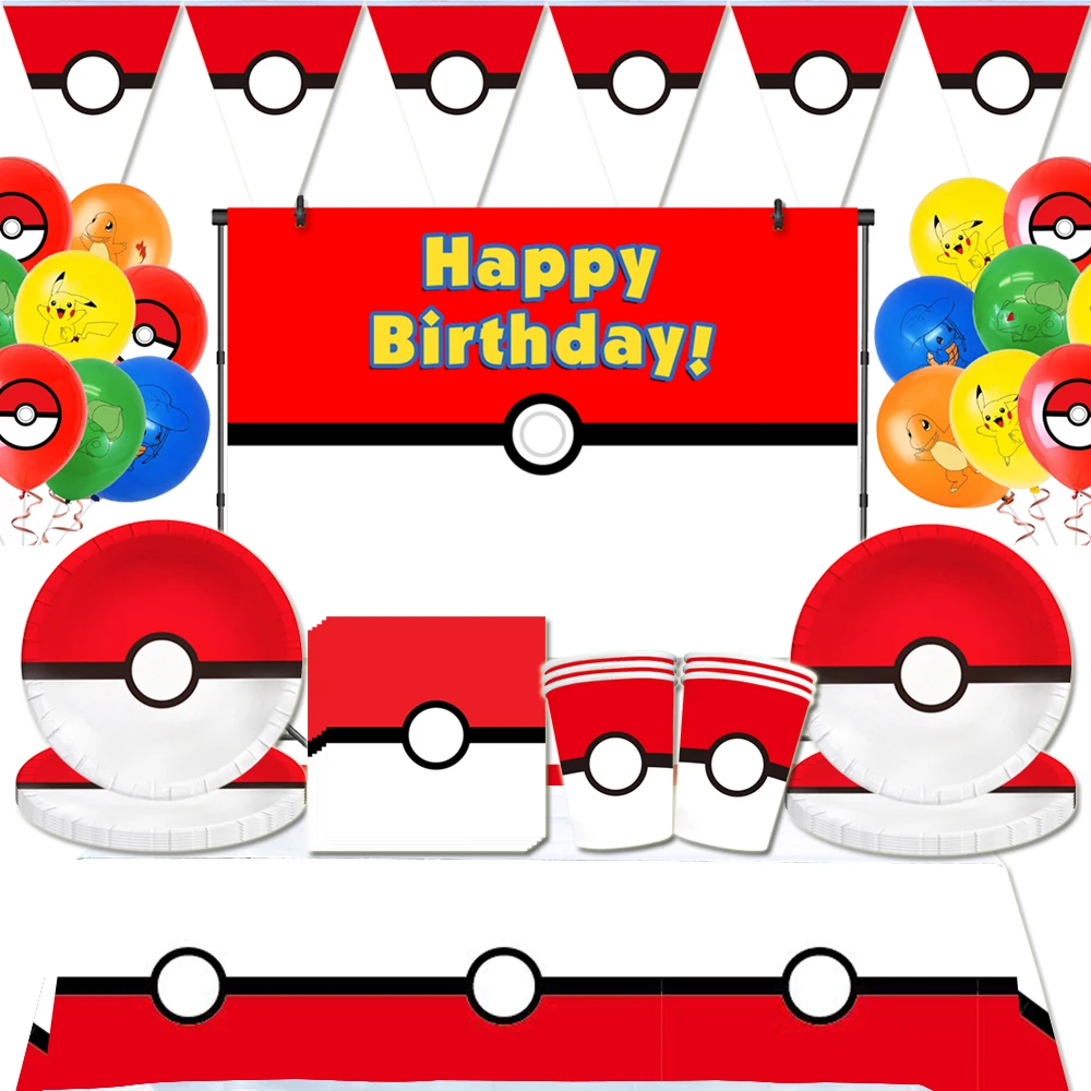 Pokemon Birthday Party Decorations Poké Ball Disposable Tableware Cup Plate Backdrop For Kids Boy Party Supplies Foil Balloons