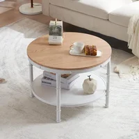 25.6" Natural White Round Farmhouse Coffee Table, 2-Tier Storage Wood Center Circle Accent Table for Living Room 1