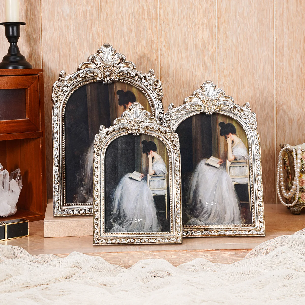 1PC, European retro silver arched lace decorative photo frame, suitable for photo display, home decoration and photography props
