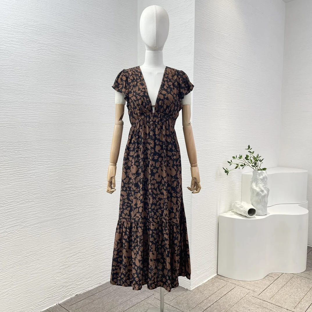 

2024 New Summer Women Vacation Brown Floral Print Short Sleeve V Neck Elastic Waist Lady Long Midi Dress