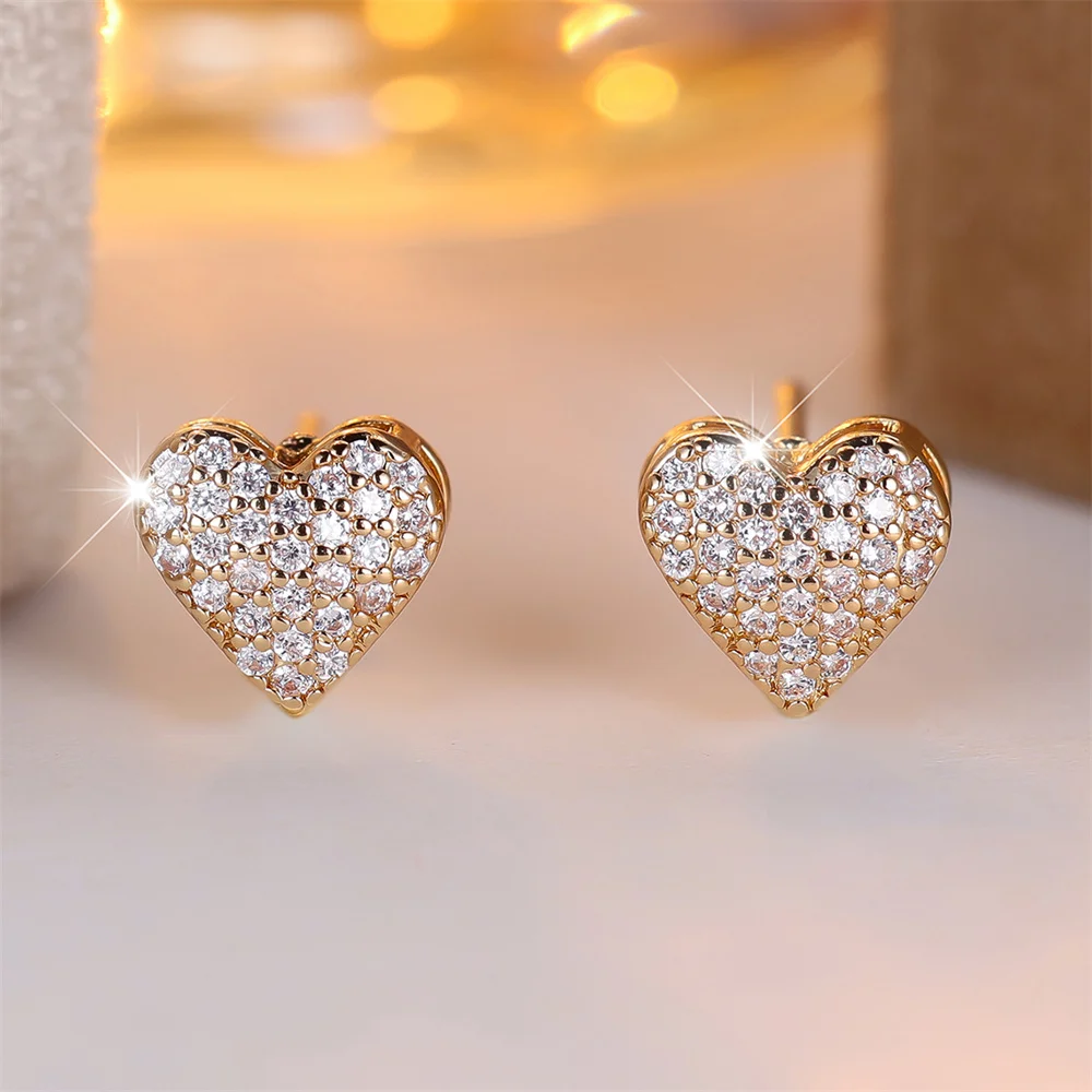 White Zircon Small Round Stone Love Heart Stud Earrings For Women Vintage Gold Silver Color Versatile Jewelry Wedding Party Gift