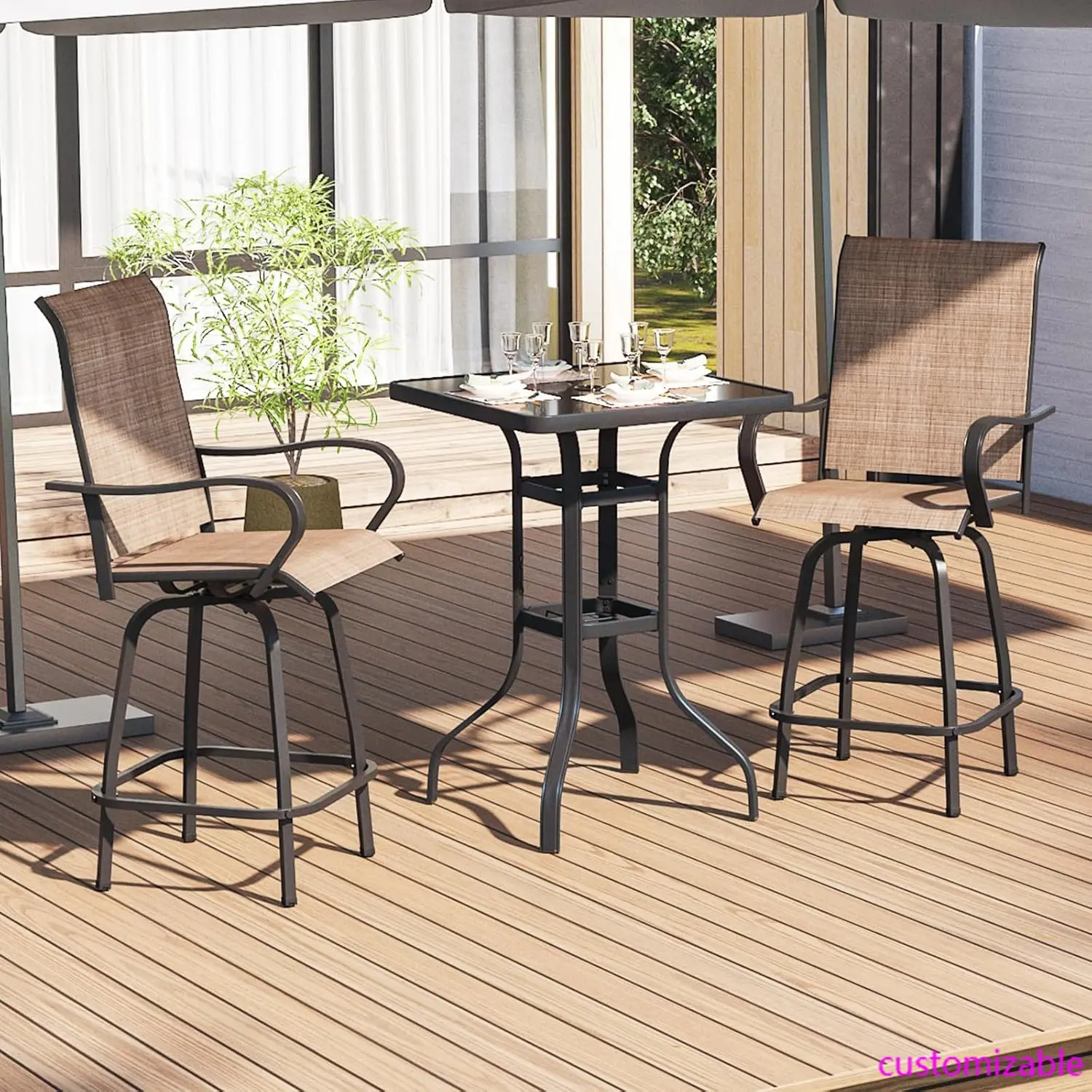 3 Pcs Outdoor Swivel Bar Stools Set - 2 Patio Stools with 1 Table, Outdoor Bar Table and Chairs Set for Yard, Garden