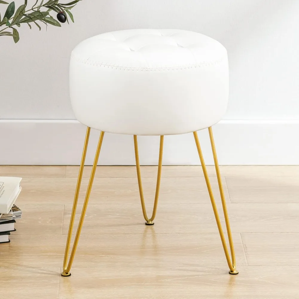 Faux Leather Vanity Stool Chair for Makeup Room, White Stool for Vanity, 19” Height, Tufted Vanity Chair Stool with Metal Legs