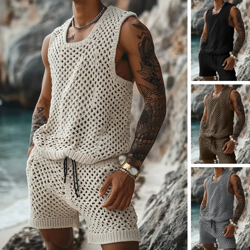 2025 Fashion Spring/Summer New Leisure Vertical Stripe Set Turn-down Collar Fitted Short Sleeve Button Shirt Wool Blend Shorts 2