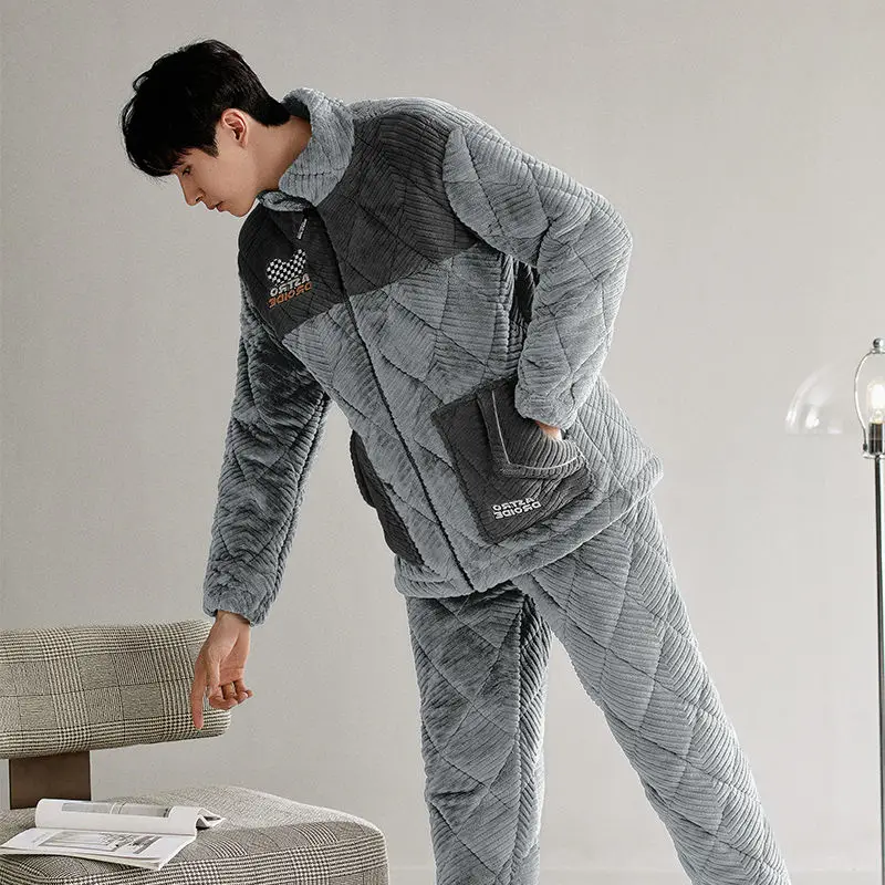 Winter Men's Pajamas Three-Layer Quilted Thickened Velvet Coral Fleece Youth Homewear Suit Stand-up Collar Thermal Nightclothes