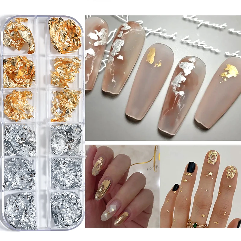 12 Grid Shiny Foil Nail Art Sequins Irregular Tinfoil Gold Gold Silver Rose Gold Nail Decorative Stickers DIY Nail Accessories