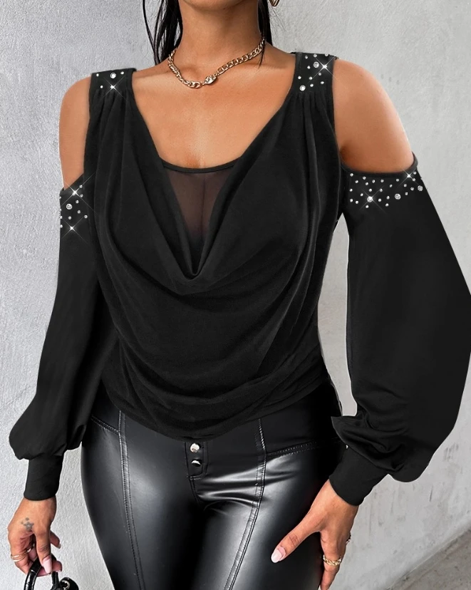 

Women Top 2023 Spring Rhinestone Cold Shoulder Sheer Mesh Semi-Sheer Tee Patch Casual Plain Fashion Long Sleeve Ruched Daily Top