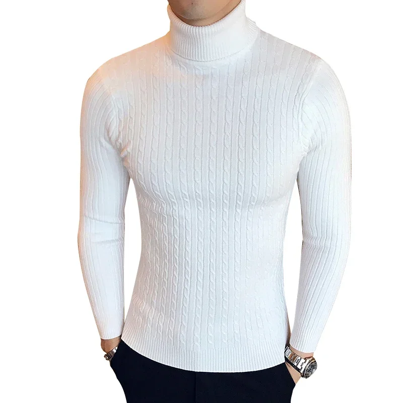 Men's High Neck Sweater Solid Color Pullover Knitted Warm Casual Turtleneck Sweatwear Woolen Mens Winter Outdoor Tops 2