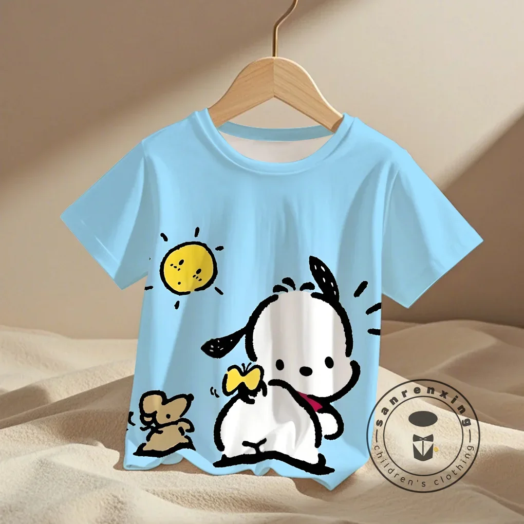 Pochacco 티셔츠 세트 어린이 애니메이션 여름 탑 여러 패션 어린이 티셔츠 라운드 넥 캐주얼 반소매 프린트 트럭 슈트