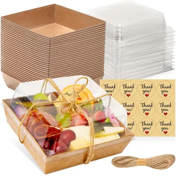 Scatola per imballaggio in carta Kraft (con adesivo trasparente), contenitore alimentare usa e getta, adatto per frutta, panini, biscotti.