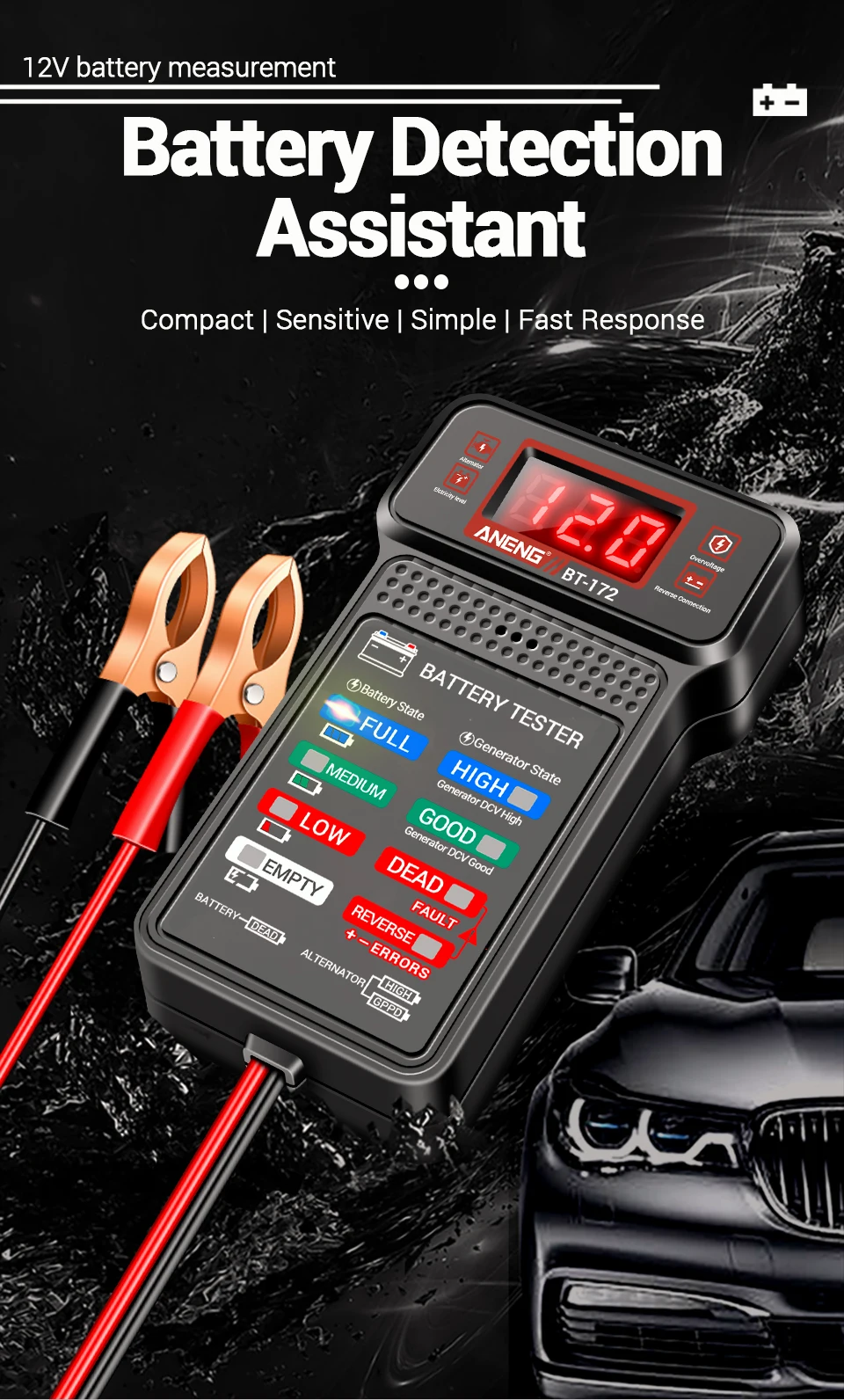 Description Picture 2 of itemANENG BT-172 12V Multifunctional Battery Testers LED Reverse Display Screen Auto Repair Industry Electrician Tester Tools