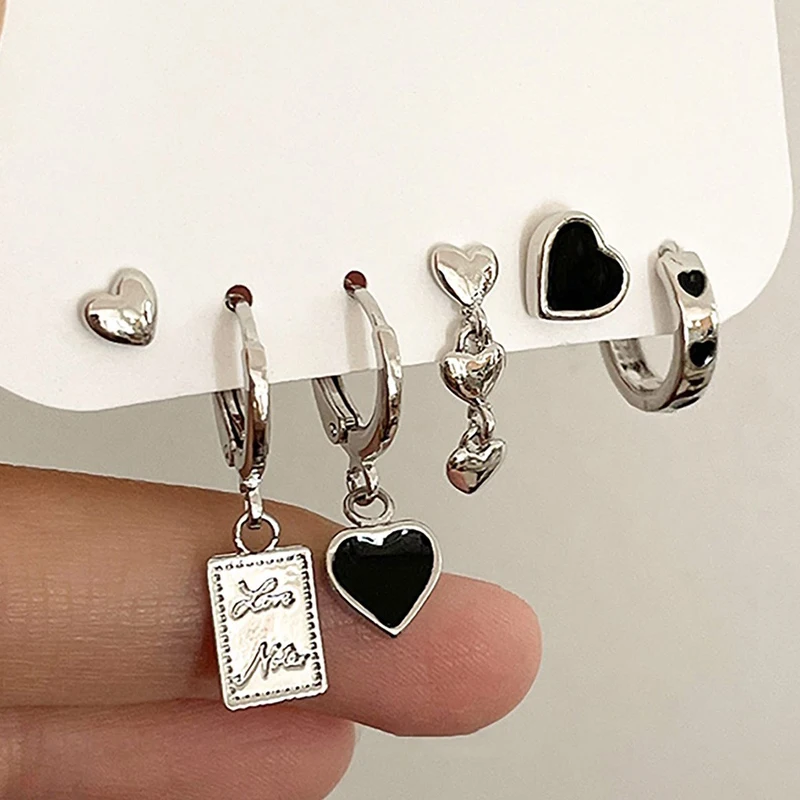 6Pcs Gothic Heart Drop Earrings Set for Women Hip Hop Punk