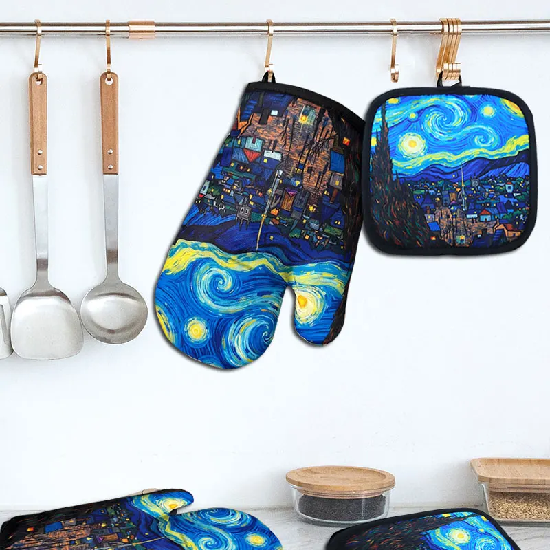 The Starry Night By Vincent Van Gogh Oven Mitts and Pot Holder Sets of 4 for Baking Kitchen Cooking BBQ Resistant Non-Slip Glove silicone oven mitts kitchen gloves silicone oven gloves cotton pot holders