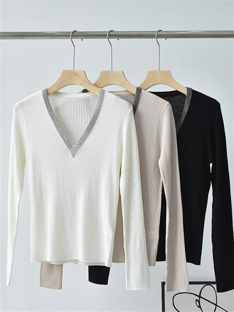 

Women Sweater Diamond Decoration V-neck Slim Autumn Casual Wool Jumper