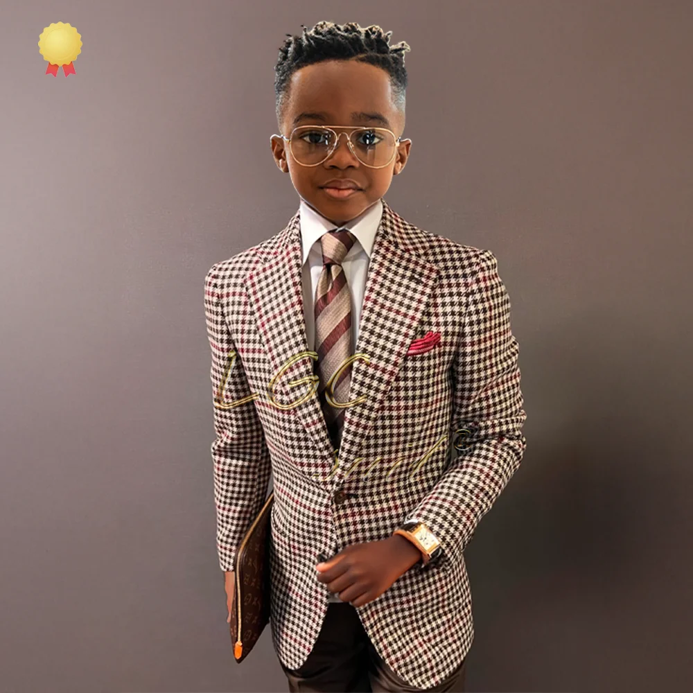 Children's Slim-Fit Wool Houndstooth Suit, Classic and Elegant, Customizable for Weddings, Parties, and Formal Events