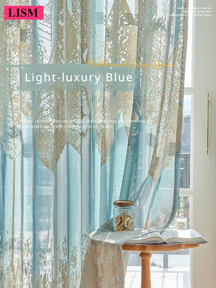 

Modern Light Luxury Cut Flannel Curtains Bedroom Simple Blackout Door Partition Blue fabric Decoration Custom Jacquard Tulle Set