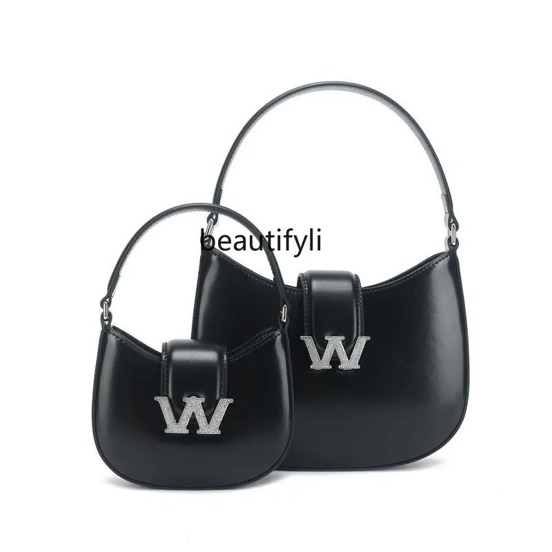 

yj Rhinestone Buckle Hobo Bag Underarm Bag Genuine Leather Women's Bag Portable Shoulder Bag