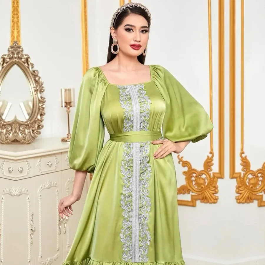 Elegant Muslim Women Dress Embroidery Lace Satin Fashion Abaya Party Long Dress Morocco Kaftan IslamClothing Dubai Turkey Robe