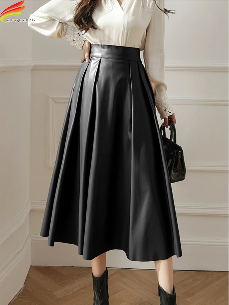 

DFRCAEG Long Leather Skirt Women 2022 Autumn Winter New Arrivals High Elastic Waist A Line Black Khaki Brown Maxi Skirts Womens