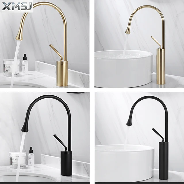 ก๊อกน้ำอ่างล้างหน้าสีทองขัดเงา ก๊อกน้ำสีดำแบบติดตั้งบนเคาน์เตอร์ ก๊อกน้ำอ่างล้างหน้าแบบผสมน้ำร้อนน้ำเย็น ก๊อกน้ำทองเหลืองสำหรับห้องน้ำ 5