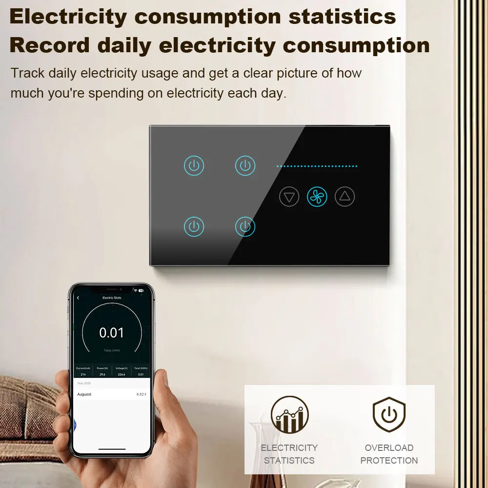 สวิตช์ไฟพัดลมอัจฉริยะ Tuya WiFi, ควบคุมผ่านแอพ, ใช้งานร่วมกับ Alexa และ Google, แผงสัมผัสสีขาว/ดำ 1