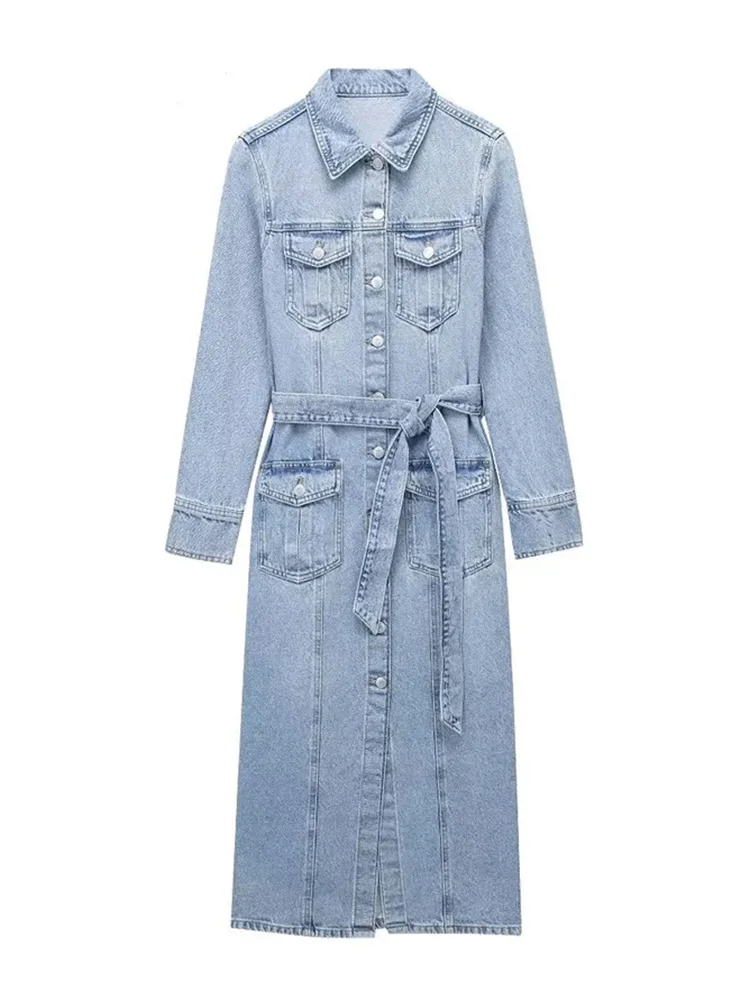 

HH TRAF Fall Denim Dress for Women Long Sleeve Jean Belt Button Down Shirt Dresses with Pockets Casual Fashion Lapel Midi Dress