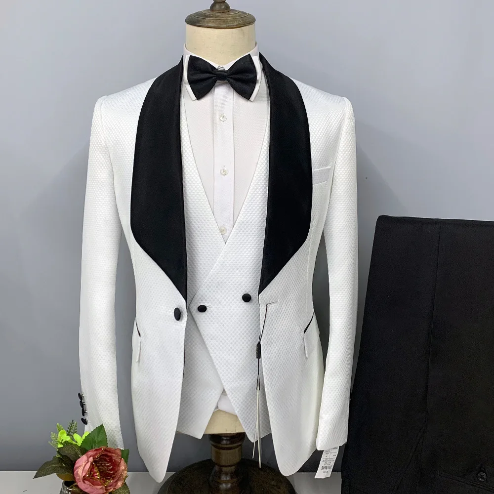 

White Lattice Jacquard Fabric 3d Dot Print Man Suit Elegant Set Luxury Designer Boyfriend Slim Fit Blazer Wedding Ceremony Dress