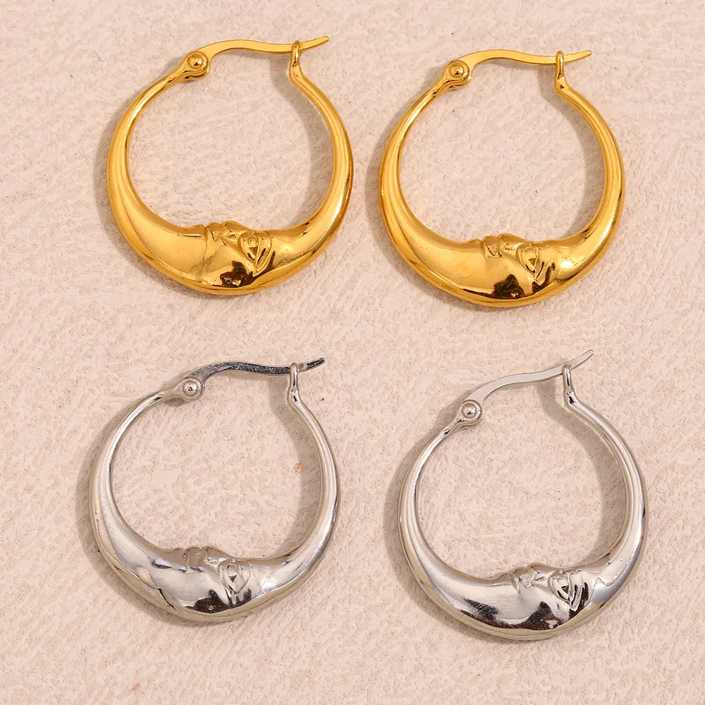 18K Gold Plated Abstract Moon Hoop Earrings for Women Stainless Steel Unique Waterproof Jewelry Charm Statement Earrings Gift