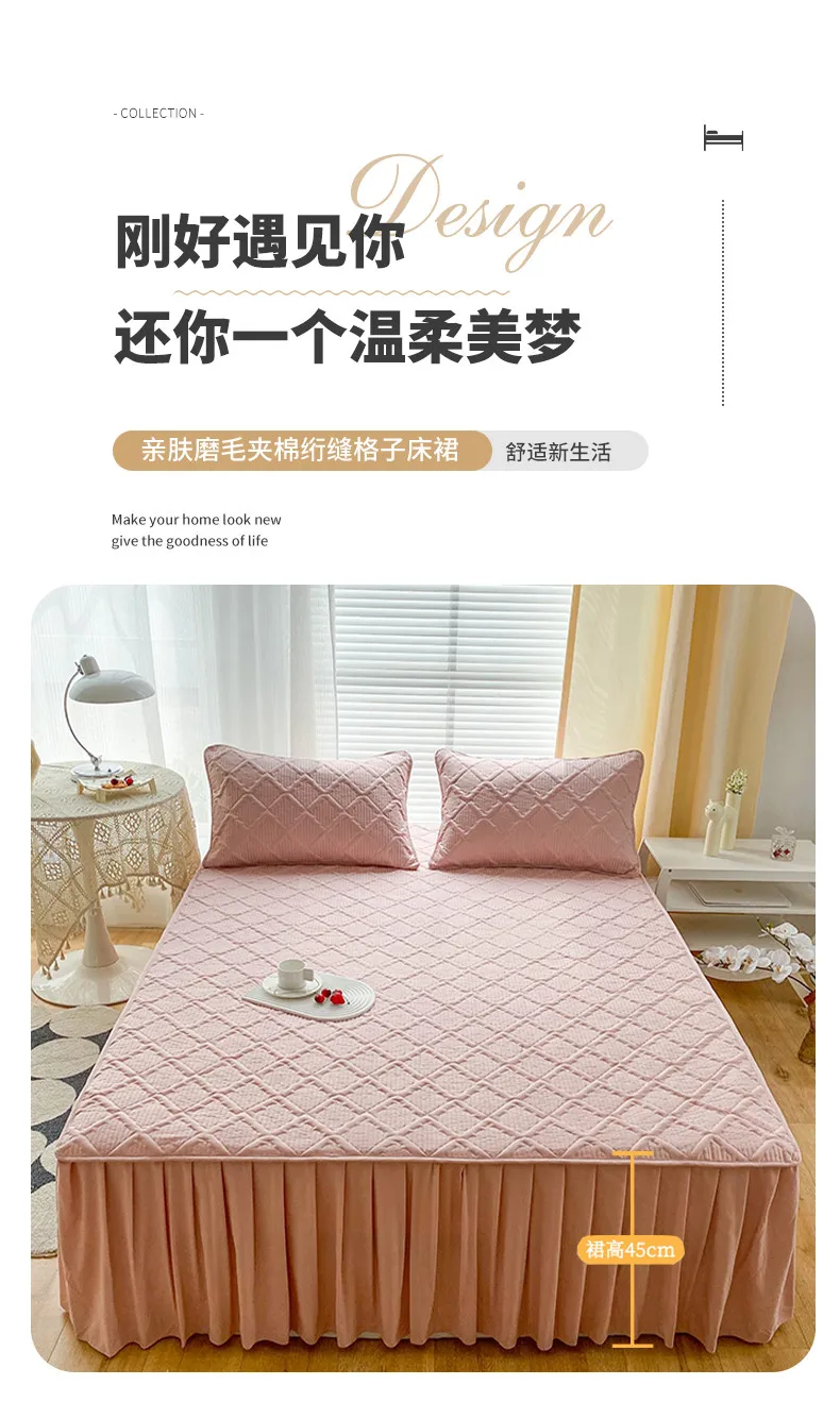 Bed Skirt Style Bedspread Silk Wadding Padded Thick Plaid Fitted