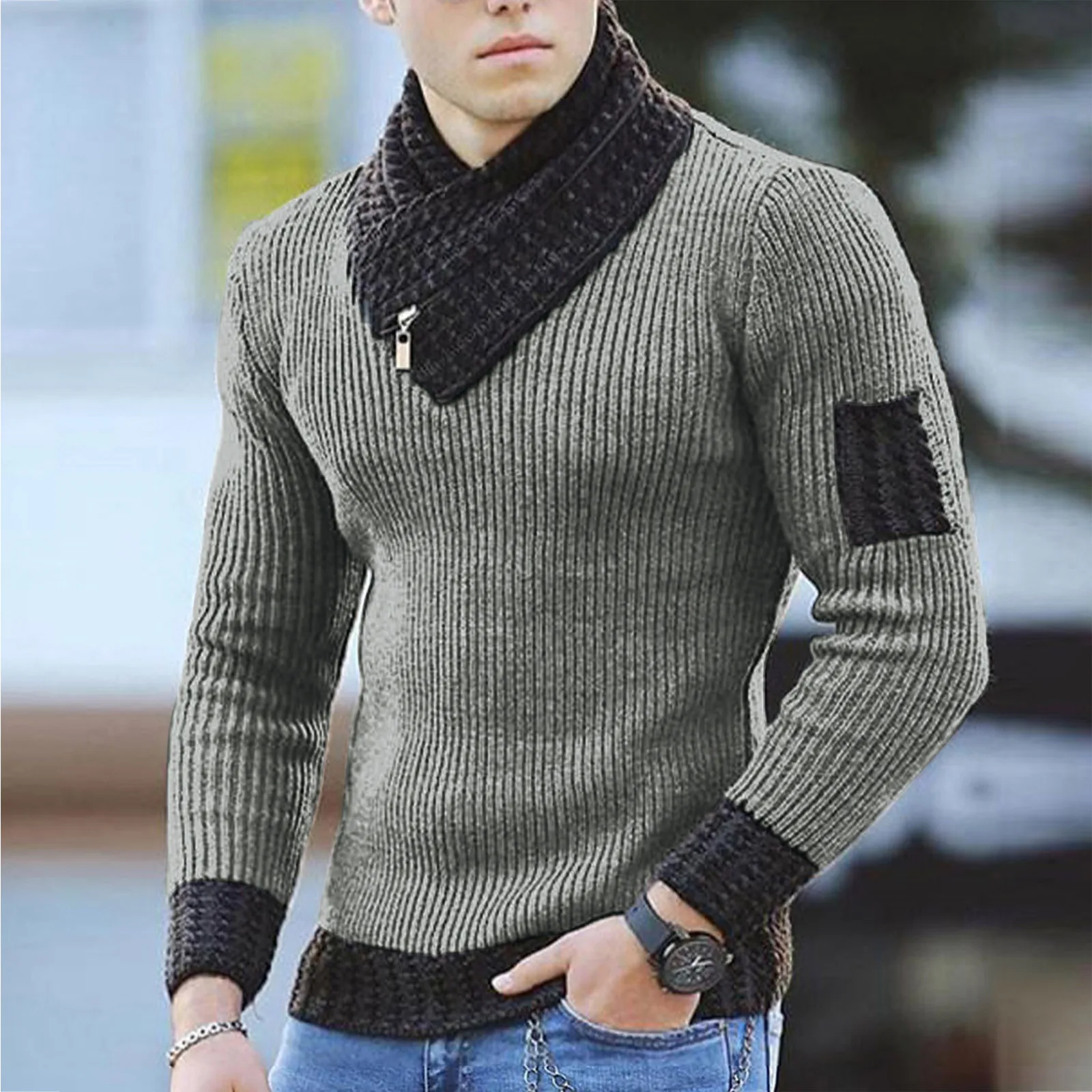 Solid Men'S Scarf Sweater England Warm Stand Collar Pullover ;Large Size Male Long Sleeve Stretch Knittwear Slim Fit Pullover