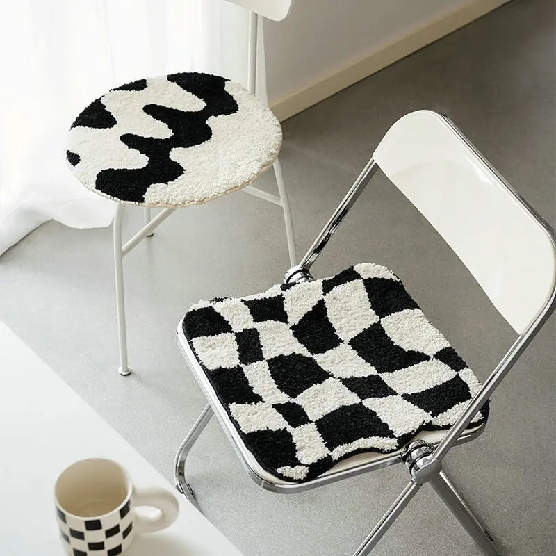 

Retro Chessboard Plaid Seat Cushion Soft Plush Tufted Rug Round Square Chair Mat 40cm TPR Anti-slip Bedroom Floor Tatami Pad