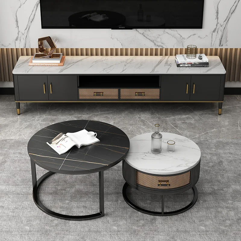 

Stone Plate Coffee Table TV Cabinet Combination Light Luxury and Simplicity Small Apartment round Balcony Tea Table Minimalist