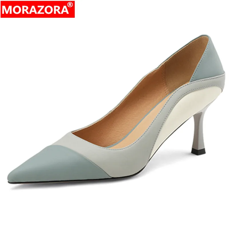 

MORAZORA 2023 New Sheepskin Mixed Colors Shoes Woman Slip On Elegant Ladies Spring Dress Pumps Thin High Heels Single Shoes