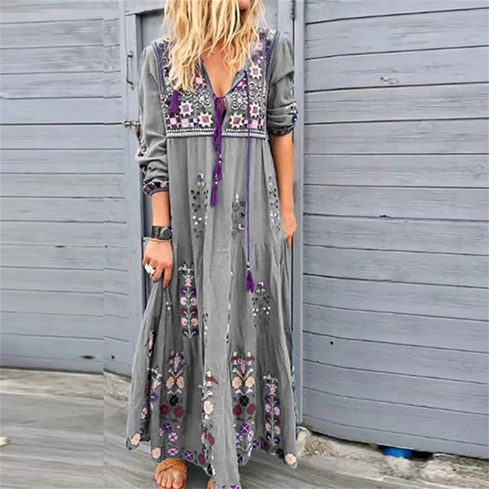 

Retro Ethnic Style Printed Dress Women's Spring Summer Casual Fashion V Neck Tie Long Dress Large Size Loose Long Sleeve Dress