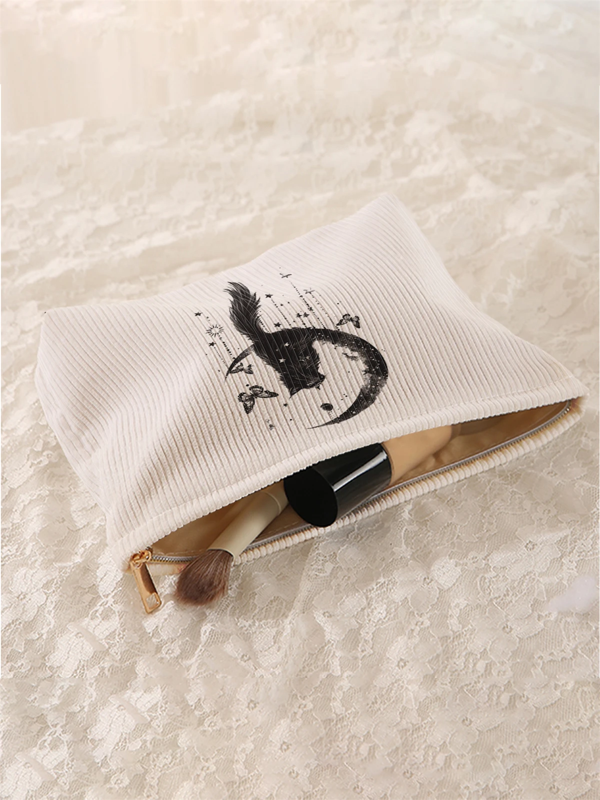 1 black cat pattern printed corduroy makeup bag, lightweight zipper makeup storage box, multifunctional bag with lining
