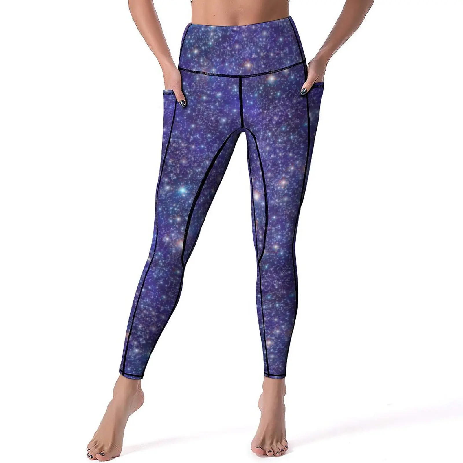 

Starry Night Print Yoga Pants Pockets Stars Blue Galaxy Leggings Sexy Push Up Yoga Sports Tights Stretch Design Fitness Leggins