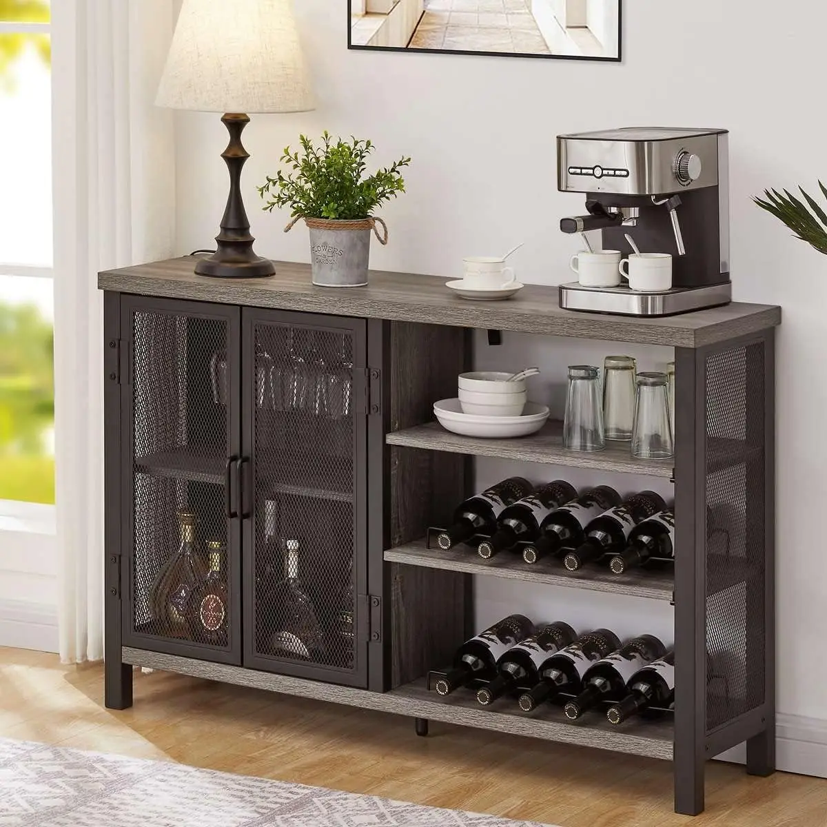 BON AUGURE Industrial Home Bar Cabinet with Wine Rack, Rustic Liquor Cabinet Bar for Home, Coffee with Storage