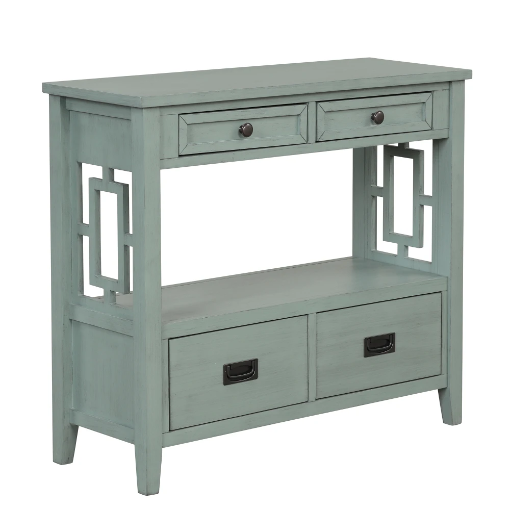 Farmhouse Pine Wood Console Table with 4 Drawers & 1 Storage Shelf - Retro Blue 5