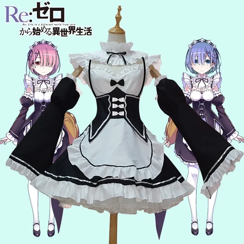 

Anime Ram REM cosplay re: zero Kara hajimeru isekai Seikatsu black costume girls maid attire women apron dress Halloween costume