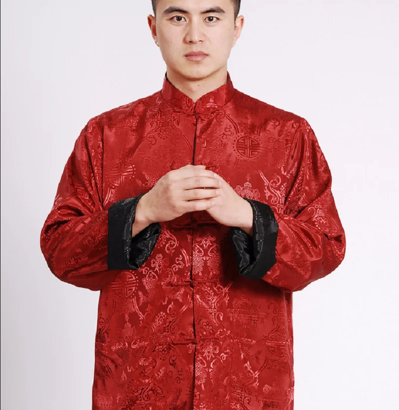 Chinese Traditional Men Double Faced Kung Fu Jacket High Quality Satin Tang Suit Coat Long Sleeve Hanfu Clothing