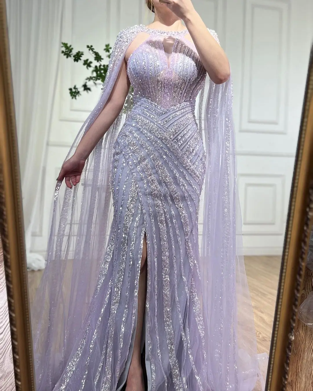 Sdad172c01b5c4500b92934ef9b6ee749l Lilac Cape Sleeves Mermaid Luxury Beaded Evening Dresses Open Split Wedding Party Gowns For Women Mallzona