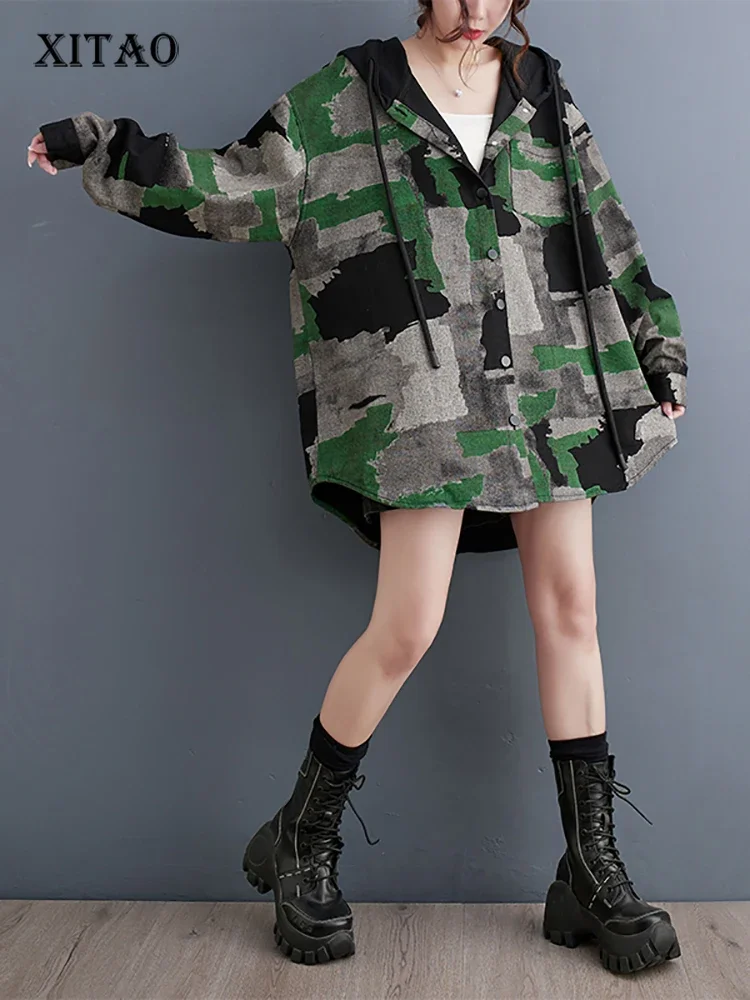 

XITAO камуфляжные однобортные куртки с капюшоном с длинным рукавом винтажные свободные модные стройнящие 2024 Весенние Новые повседневные LYD1477