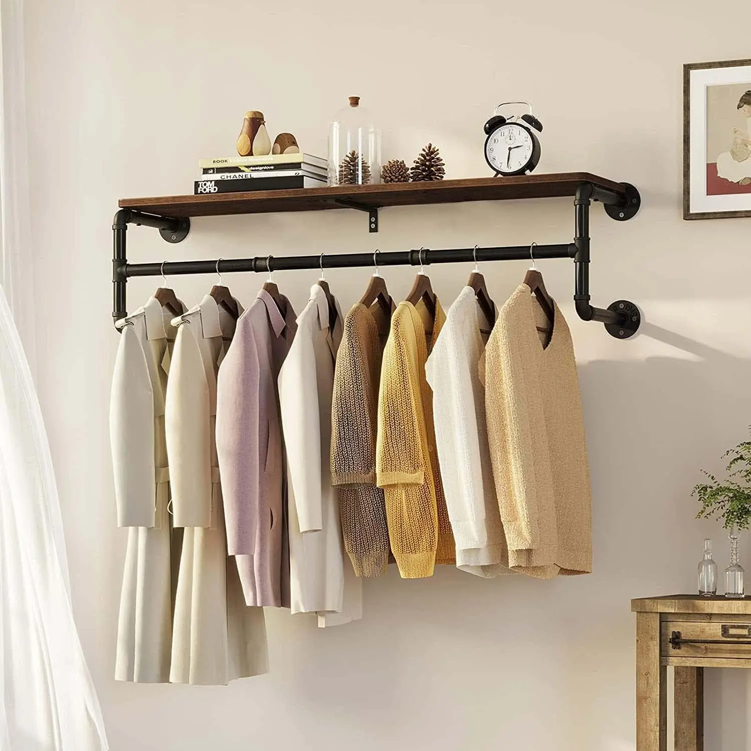 Wall Mounted Clothes Rail Industrial Pipe Garment Rack Clothes Hanging Rod Space-Saving 2