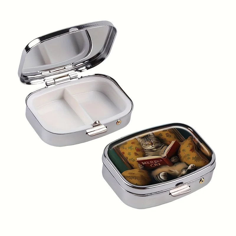 Cute Cat Pattern Metal Medicine Box with 2 Compartments, Portable Medicine Finishing Box, Suitable for Wallet and Travel