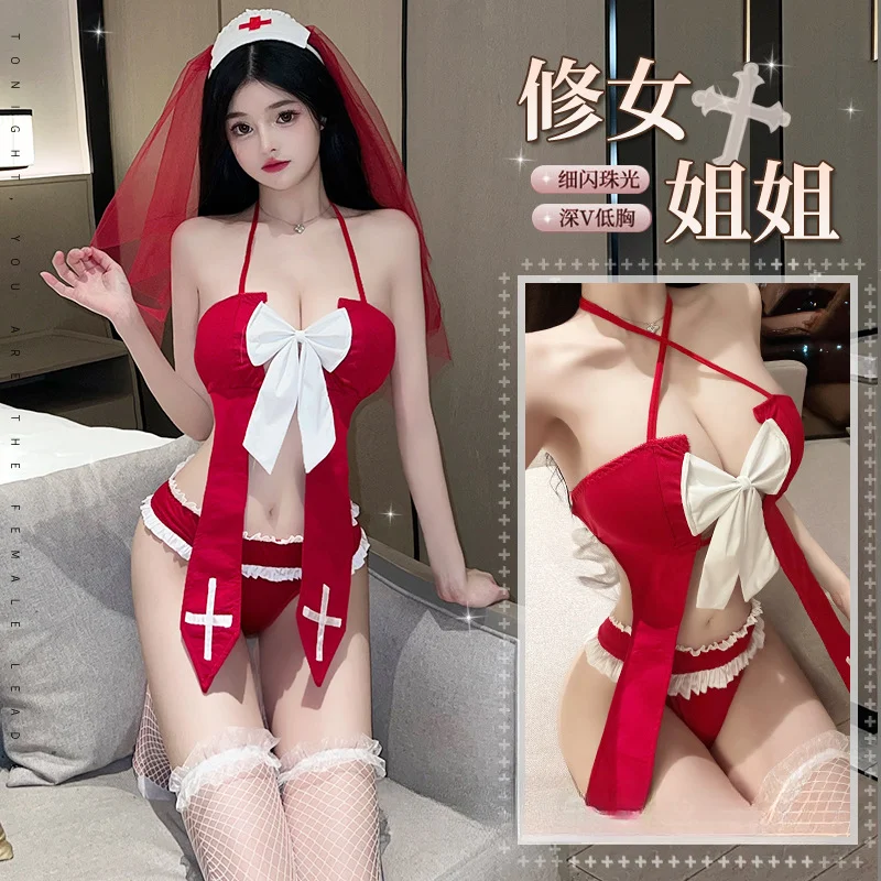 

2023 New Sexy Red Nun Religieuse Nurse Maid Night Church Cosplay Uniform Temptation See-through Mantilla Halter Bow Lingerie Set