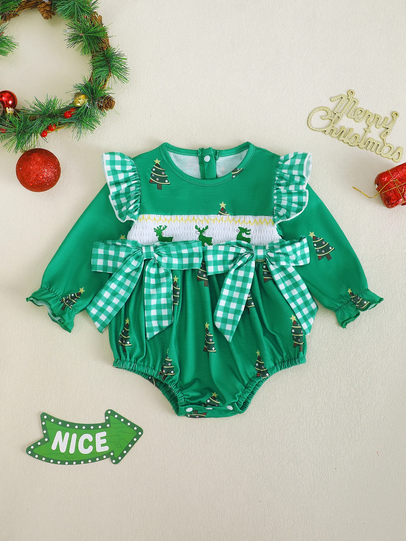 Baby Girl Christmas Tree Print Long Sleeve Onesie Holiday Theme Romper Infant Clothing