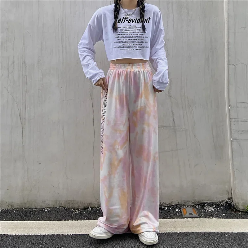 Women's Trousers All-match Elastic High Waist Sports Tie-dyed Loose Straight Leg Trousers Fashion Casual Harajuku Jogging Pants